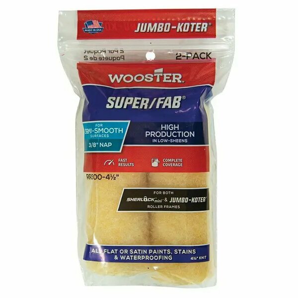 Wooster 4-1/2" Mini Paint Roller Cover, 3/8" Nap Nap, Knit Fabric, 2 PK RR300